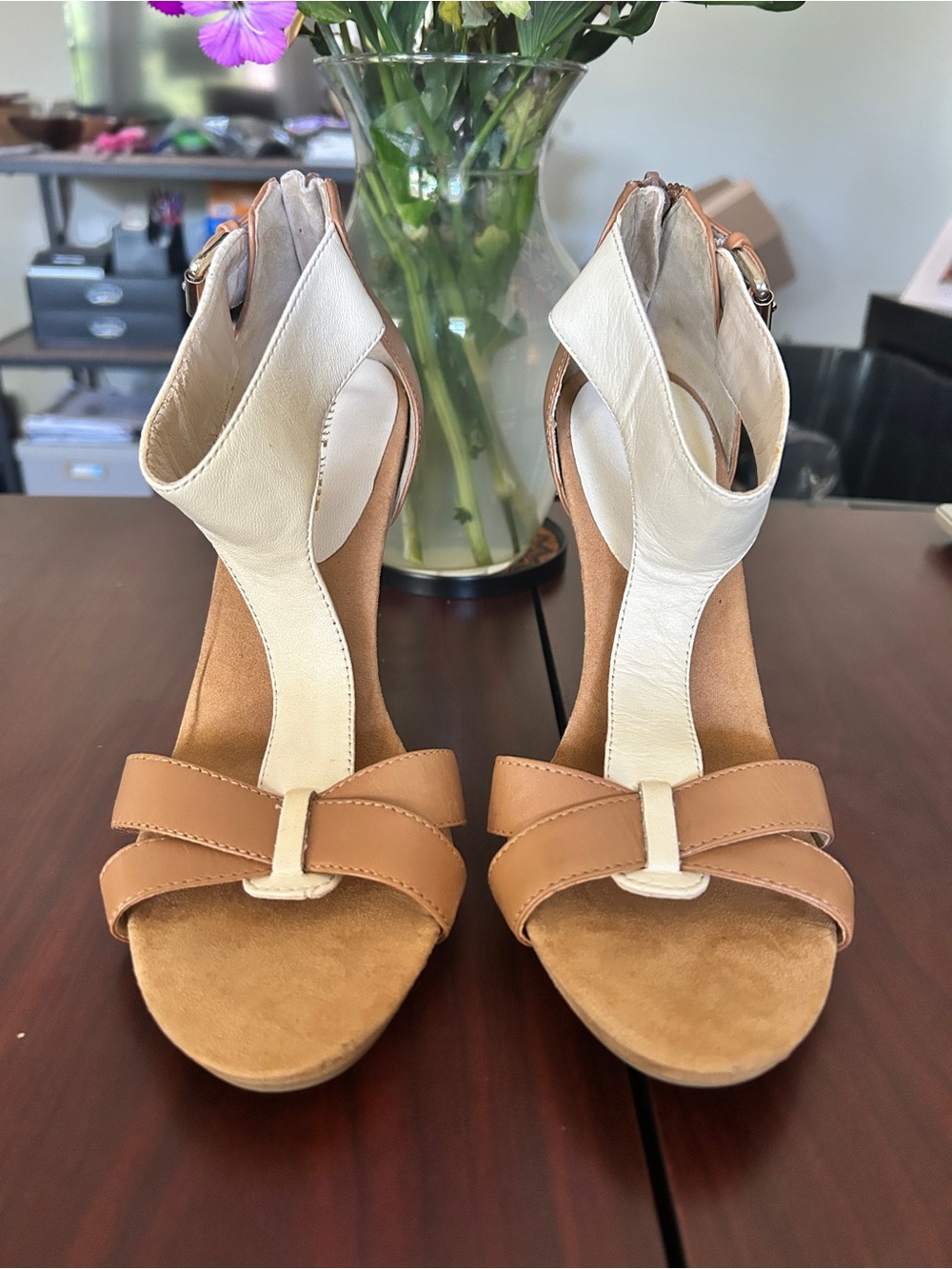 Nine West Tan and Cream Strappy High Heels